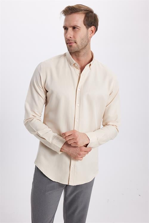 Erkek Slim Fit Dar Kesim Pamuklu Kolay Ütü Krem Düğmeli Yaka Gömlek