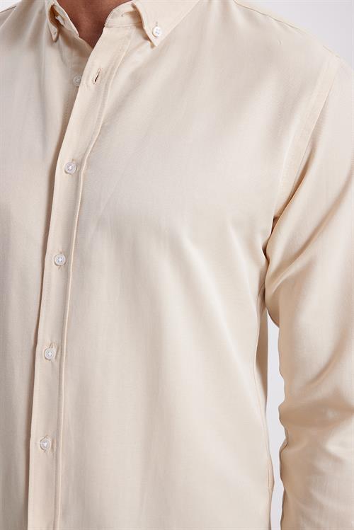Erkek Slim Fit Dar Kesim Pamuklu Kolay Ütü Krem Düğmeli Yaka Gömlek