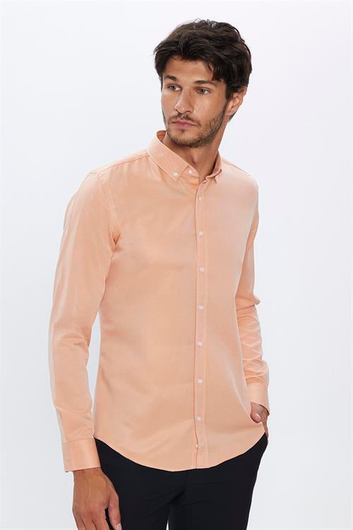 Erkek Slim Fit Dar Kesim Pamuklu Kolay Ütü Turuncu Düğmeli Yaka Gömlek