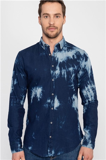 Slim Fit Uzun Kollu Dar Kesim Desenli Denim Kot Erkek Lacivert Gömlek