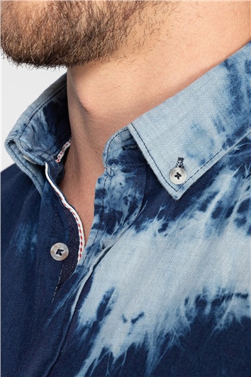 Slim Fit Uzun Kollu Dar Kesim Desenli Denim Kot Erkek Lacivert Gömlek
