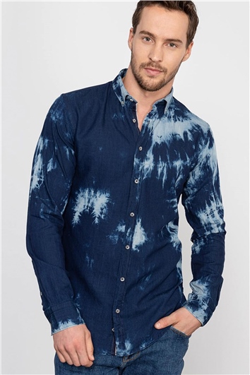 Slim Fit Uzun Kollu Dar Kesim Desenli Denim Kot Erkek Lacivert Gömlek