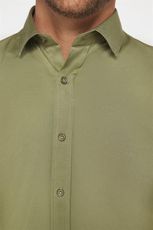 Slim Fit Uzun Kollu Likralı Düz Pamuk Saten Erkek Yeşil Gömlek