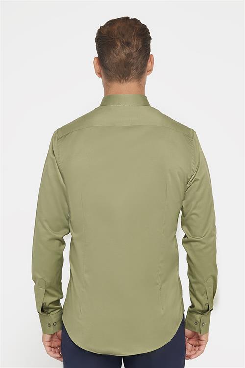 Slim Fit Uzun Kollu Likralı Düz Pamuk Saten Erkek Yeşil Gömlek
