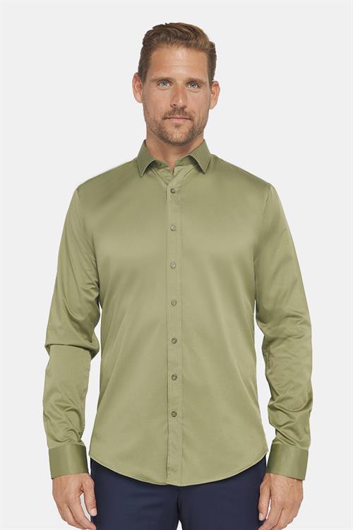 Slim Fit Uzun Kollu Likralı Düz Pamuk Saten Erkek Yeşil Gömlek