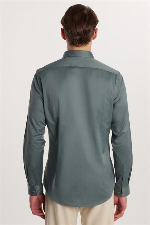 Slim Fit Uzun Kollu Likralı Düz Pamuk Saten Erkek Yeşil Gömlek