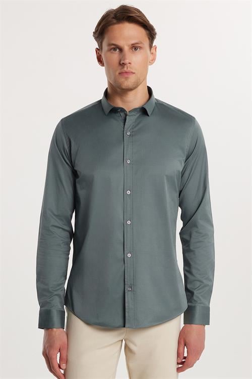 Slim Fit Uzun Kollu Likralı Düz Pamuk Saten Erkek Yeşil Gömlek