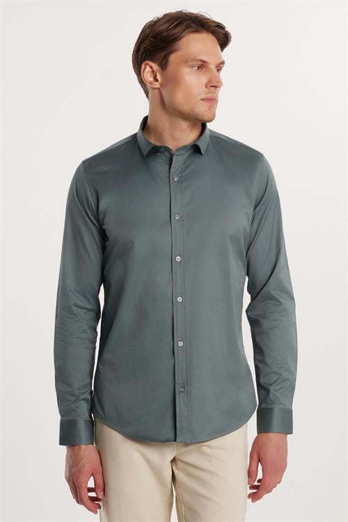 Slim Fit Uzun Kollu Likralı Düz Pamuk Saten Erkek Yeşil Gömlek