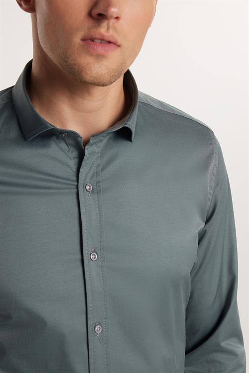 Slim Fit Uzun Kollu Likralı Düz Pamuk Saten Erkek Yeşil Gömlek