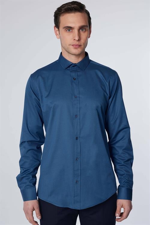 Slim Fit Uzun Kollu Likralı Düz Pamuk Saten Erkek Mavi Gömlek