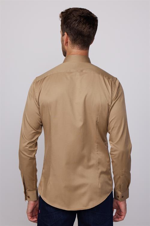Slim Fit Uzun Kollu Likralı Düz Pamuk Saten Erkek Kahve Gömlek
