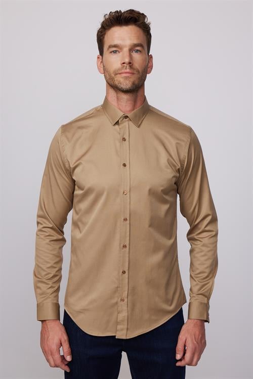 Slim Fit Uzun Kollu Likralı Düz Pamuk Saten Erkek Kahve Gömlek