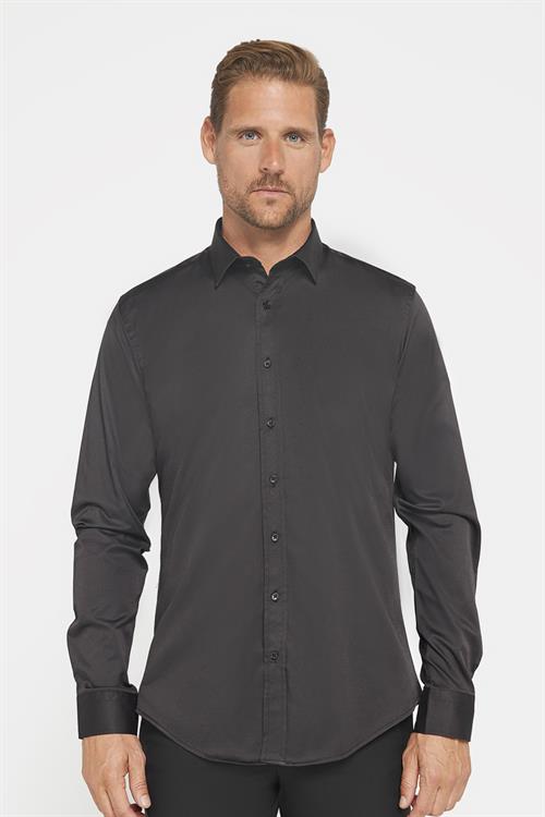 Slim Fit Uzun Kollu Likralı Düz Pamuk Saten Erkek Siyah Gömlek