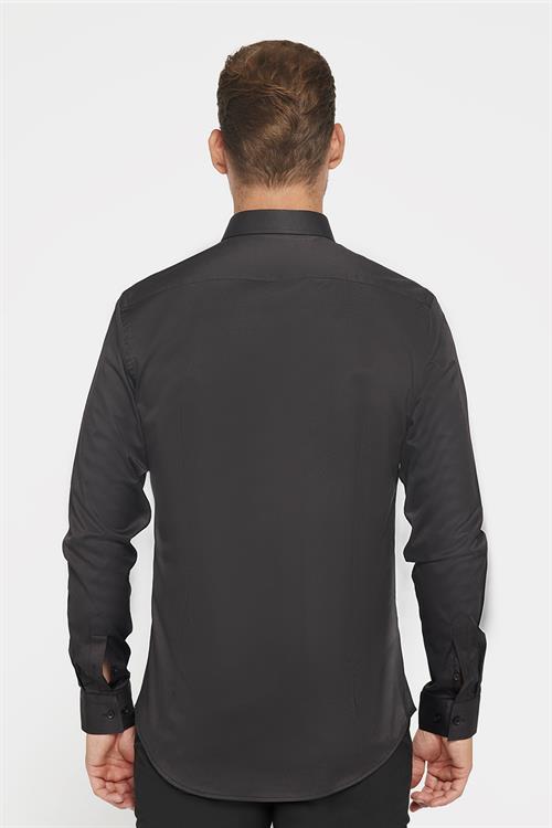 Slim Fit Uzun Kollu Likralı Düz Pamuk Saten Erkek Siyah Gömlek
