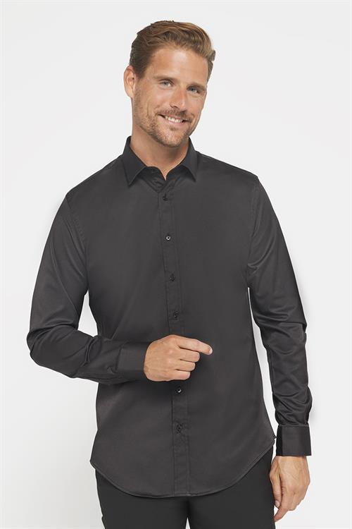 Slim Fit Uzun Kollu Likralı Düz Pamuk Saten Erkek Siyah Gömlek