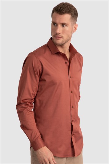 Slim Fit Uzun Kollu Likralı Düz Pamuk Saten Erkek Bordo Gömlek