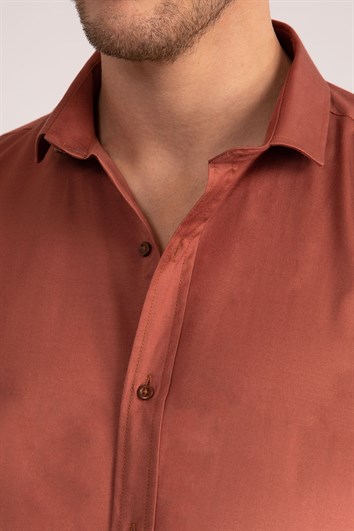 Slim Fit Uzun Kollu Likralı Düz Pamuk Saten Erkek Bordo Gömlek