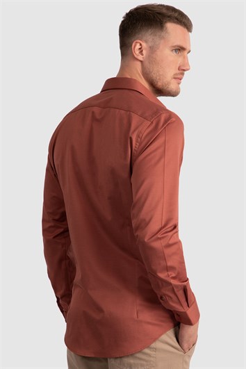 Slim Fit Uzun Kollu Likralı Düz Pamuk Saten Erkek Bordo Gömlek