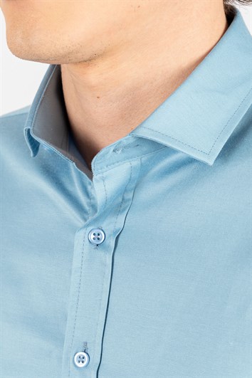 Slim Fit Uzun Kollu Likralı Düz Pamuk Saten Erkek Mavi Gömlek