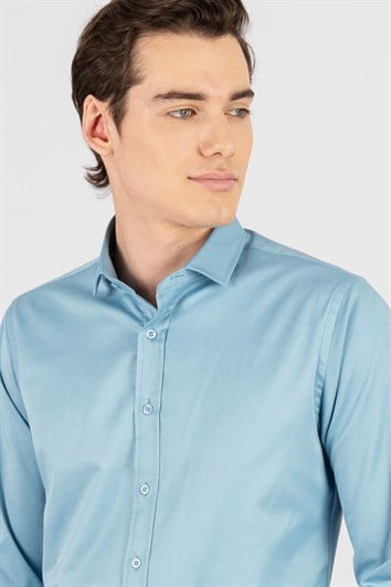 Slim Fit Uzun Kollu Likralı Düz Pamuk Saten Erkek Mavi Gömlek