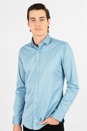 Slim Fit Uzun Kollu Likralı Düz Pamuk Saten Erkek Mavi Gömlek