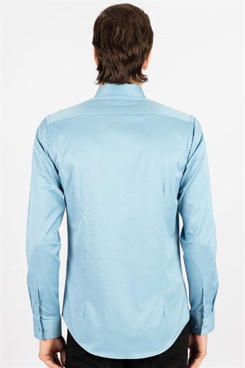 Slim Fit Uzun Kollu Likralı Düz Pamuk Saten Erkek Mavi Gömlek