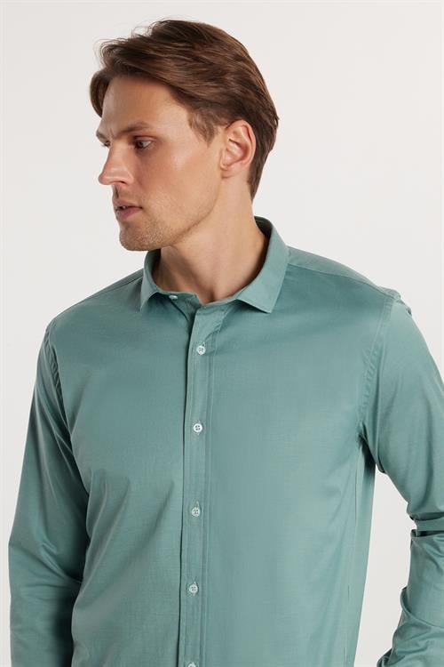 Slim Fit Uzun Kollu Likralı Düz Pamuk Saten Erkek Yeşil Gömlek