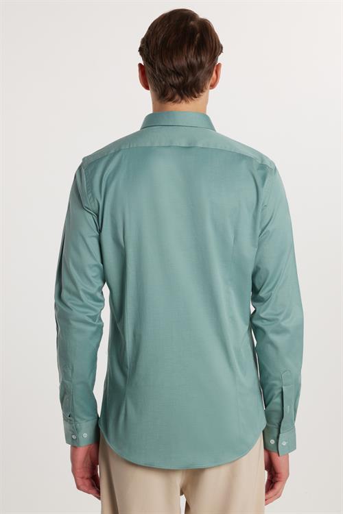 Slim Fit Uzun Kollu Likralı Düz Pamuk Saten Erkek Yeşil Gömlek