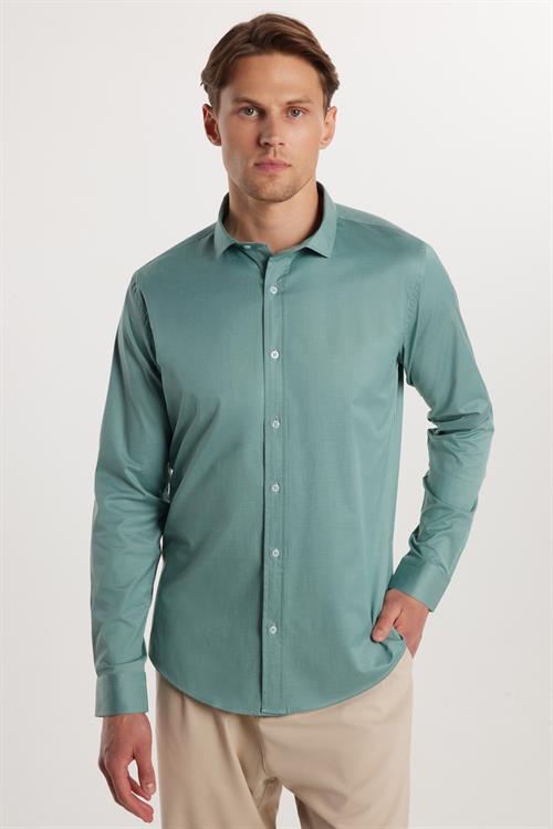 Slim Fit Uzun Kollu Likralı Düz Pamuk Saten Erkek Yeşil Gömlek