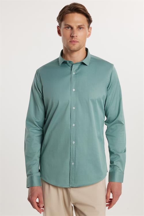 Slim Fit Uzun Kollu Likralı Düz Pamuk Saten Erkek Yeşil Gömlek