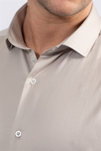 Slim Fit Uzun Kollu Likralı Düz Pamuk Saten Erkek Krem Gömlek