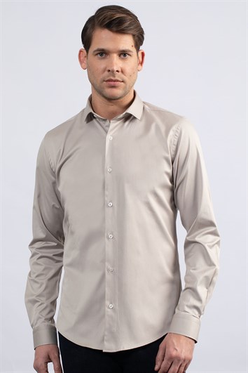 Slim Fit Uzun Kollu Likralı Düz Pamuk Saten Erkek Krem Gömlek