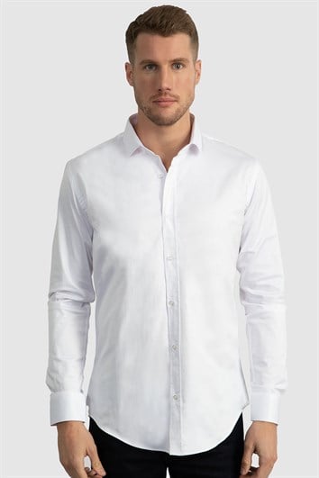 Slim Fit Uzun Kollu Likralı Düz Pamuk Saten Erkek Beyaz Gömlek