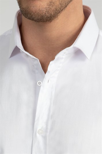 Slim Fit Uzun Kollu Likralı Düz Pamuk Saten Erkek Beyaz Gömlek