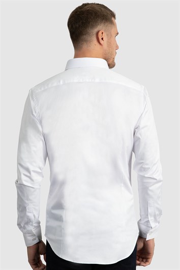 Slim Fit Uzun Kollu Likralı Düz Pamuk Saten Erkek Beyaz Gömlek