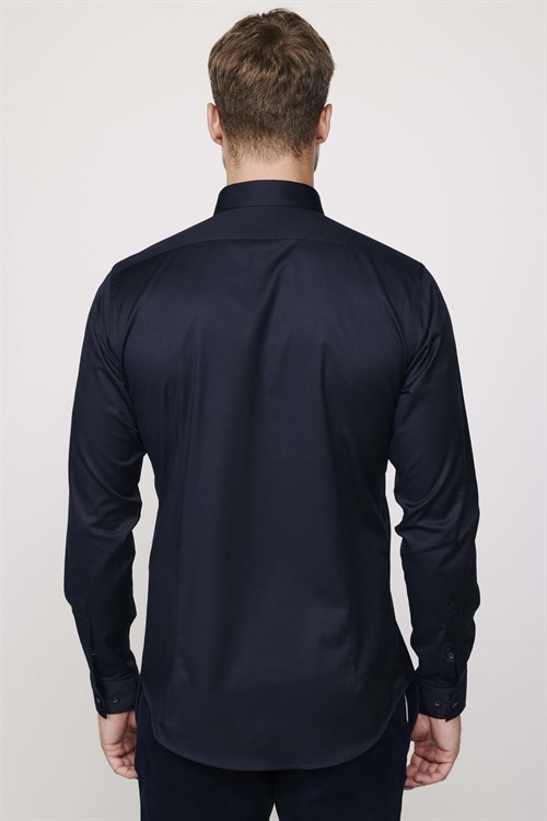 Slim Fit Uzun Kollu Likralı Düz Pamuk Saten Lacivert Erkek Gömlek