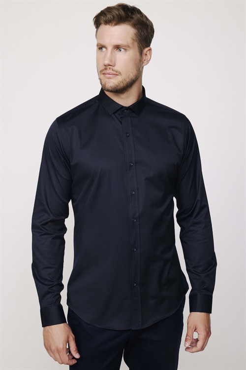 Slim Fit Uzun Kollu Likralı Düz Pamuk Saten Lacivert Erkek Gömlek