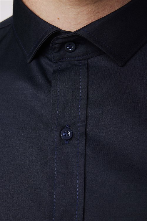 Slim Fit Uzun Kollu Likralı Düz Pamuk Saten Lacivert Erkek Gömlek