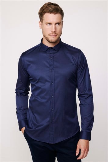 Slim Fit Uzun Kollu Likralı Düz Pamuk Saten Erkek Lacivert Gömlek