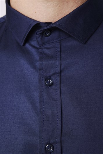 Slim Fit Uzun Kollu Likralı Düz Pamuk Saten Erkek Lacivert Gömlek