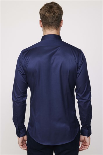Slim Fit Uzun Kollu Likralı Düz Pamuk Saten Erkek Lacivert Gömlek