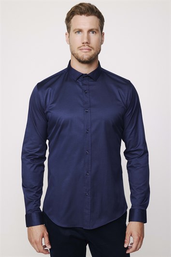 Slim Fit Uzun Kollu Likralı Düz Pamuk Saten Erkek Lacivert Gömlek