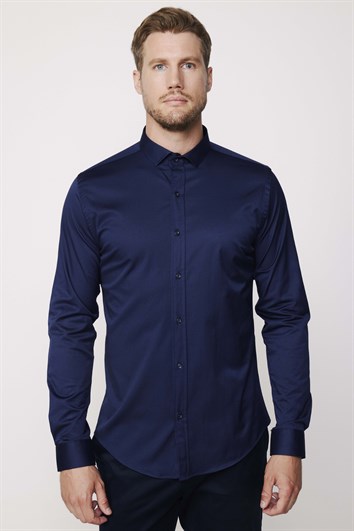 Slim Fit Uzun Kollu Likralı Düz Pamuk Saten Erkek Lacivert Gömlek