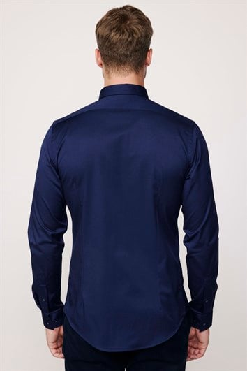 Slim Fit Uzun Kollu Likralı Düz Pamuk Saten Erkek Lacivert Gömlek