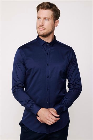 Slim Fit Uzun Kollu Likralı Düz Pamuk Saten Erkek Lacivert Gömlek