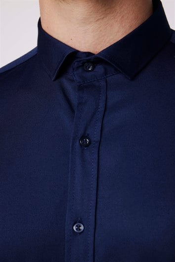 Slim Fit Uzun Kollu Likralı Düz Pamuk Saten Erkek Lacivert Gömlek