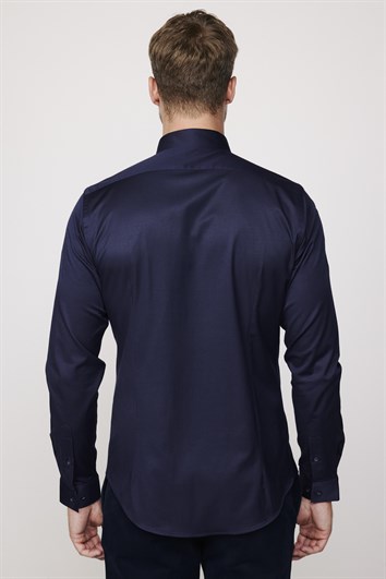 Slim Fit Uzun Kollu Likralı Düz Pamuk Saten Erkek Lacivert Gömlek