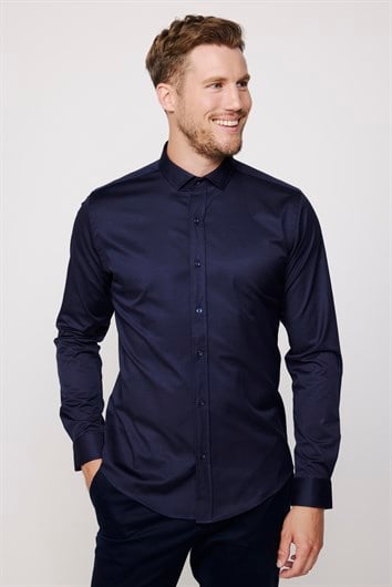 Slim Fit Uzun Kollu Likralı Düz Pamuk Saten Erkek Lacivert Gömlek