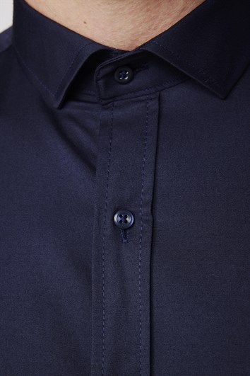 Slim Fit Uzun Kollu Likralı Düz Pamuk Saten Erkek Lacivert Gömlek