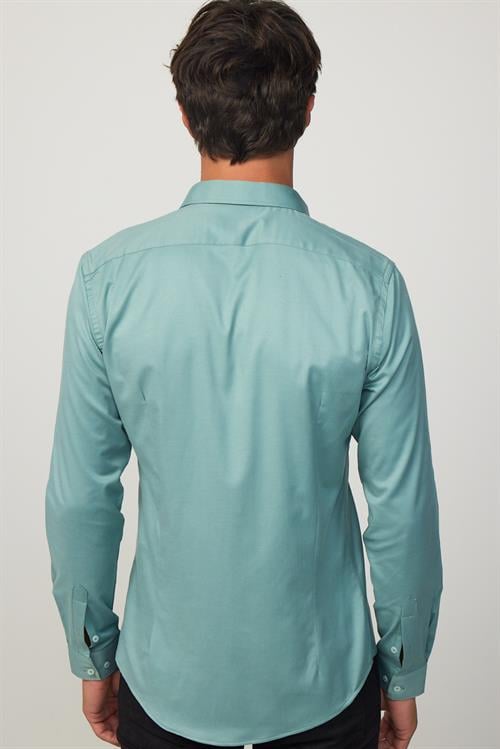 Slim Fit Uzun Kollu Likralı Düz Pamuk Saten Yeşil Erkek Gömlek
